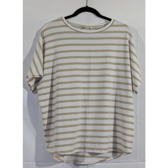 Cable & Gauge Studio Tops - Cable & Gauge Studio Cream Beige Striped Short Sleeve Top Women’s Large